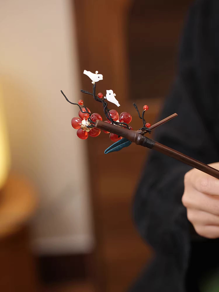 Chinese Magpie Plum Blossom Hairpin with Red Glaze – Sandalwood Wedding Hair Accessory for Women