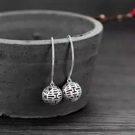 Handcrafted 925 Sterling Silver Double Happiness Earrings – Hollow Bead Chinese Style, 1.6cm Diameter, 10.3g, Elegant Women’s Jewelry