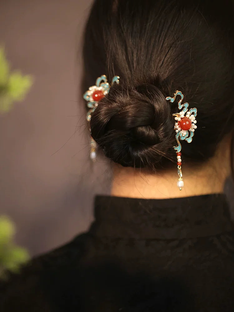 Peacock Blue Auspicious Cloud Hairpin – New Chinese Style Enamel Hair Accessory（A pair）