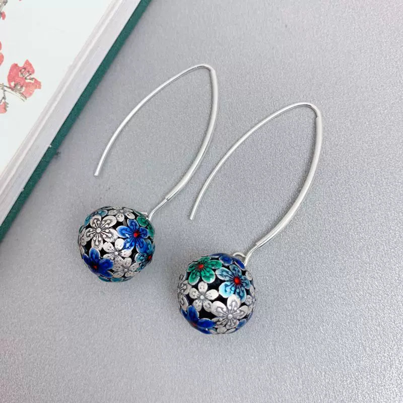 New Chinese Style Enamel Hydrangea Tassel Earrings | 925 Sterling Silver Vintage Floral Dangle Earrings