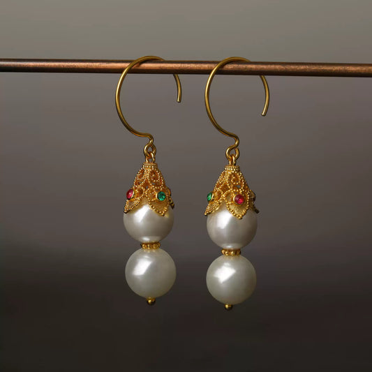 Ruyi Double Pearl Drop Earrings – New Chinese Style Filigree Gold-Plated S925 Silver Earrings