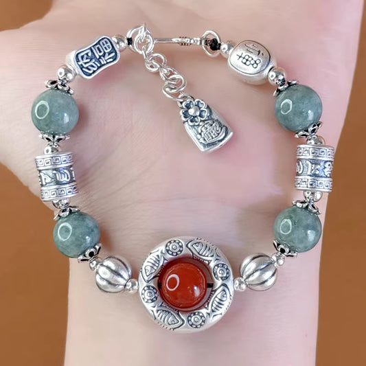 Handmade Jade Fish Pattern Bracelet with Red Garnet and 999 Silver – Adjustable Feng Shui Lucky Charm Jewelry