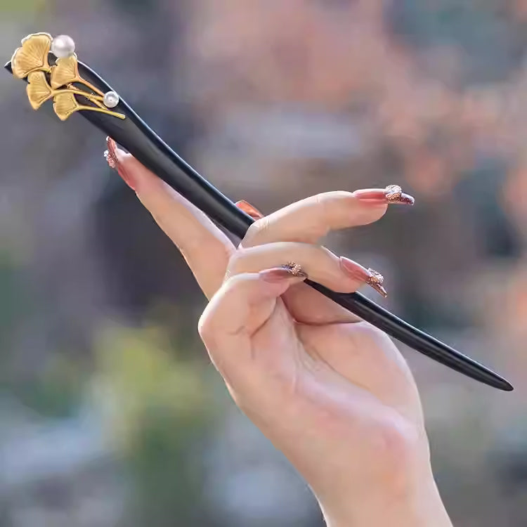 High-End Chinese Hair Accessory – Ebony Wood Ginkgo Flower Hairpin for Updos and Hanfu