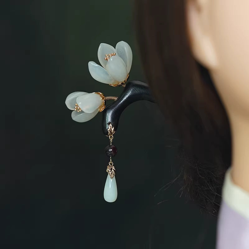Ancient Chinese Style Xiuyu Magnolia Hairpin – Ebony Wood with Garnet Beads and Xiuyu Pendant