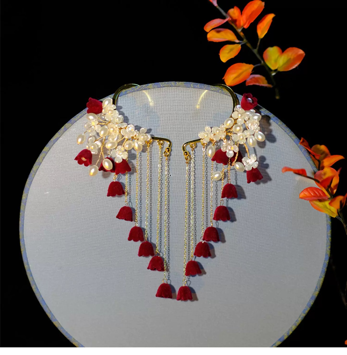 New Chinese Style Red Lily Earrings – Long Tassel Ear Clip for Hanfu and Qipao