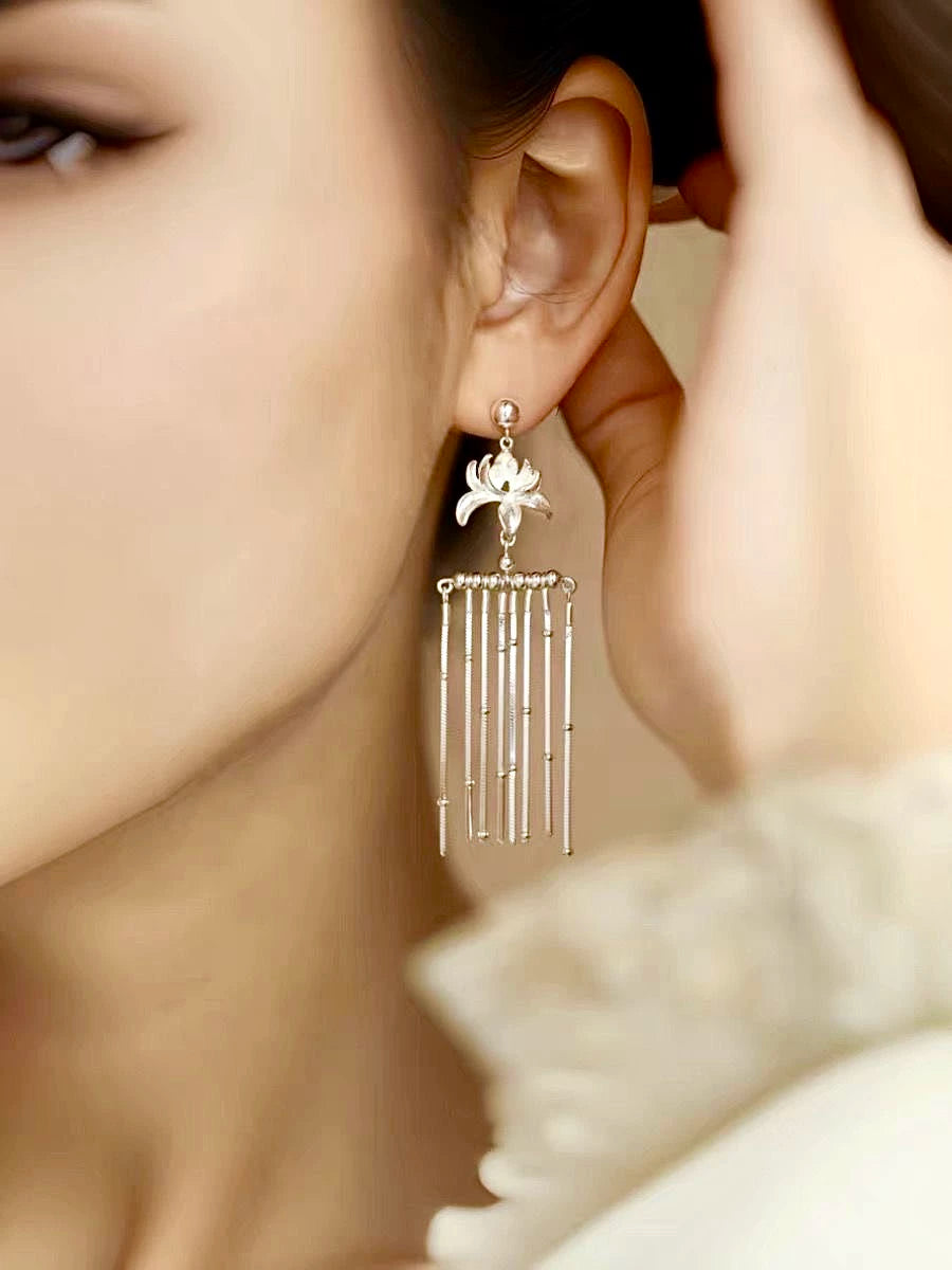 S925 Sterling Silver Iris Waterfall Tassel Earrings – New Chinese Style Miao-Inspired Drop Earrings