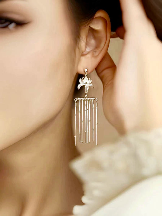 S925 Sterling Silver Iris Waterfall Tassel Earrings – New Chinese Style Miao-Inspired Drop Earrings