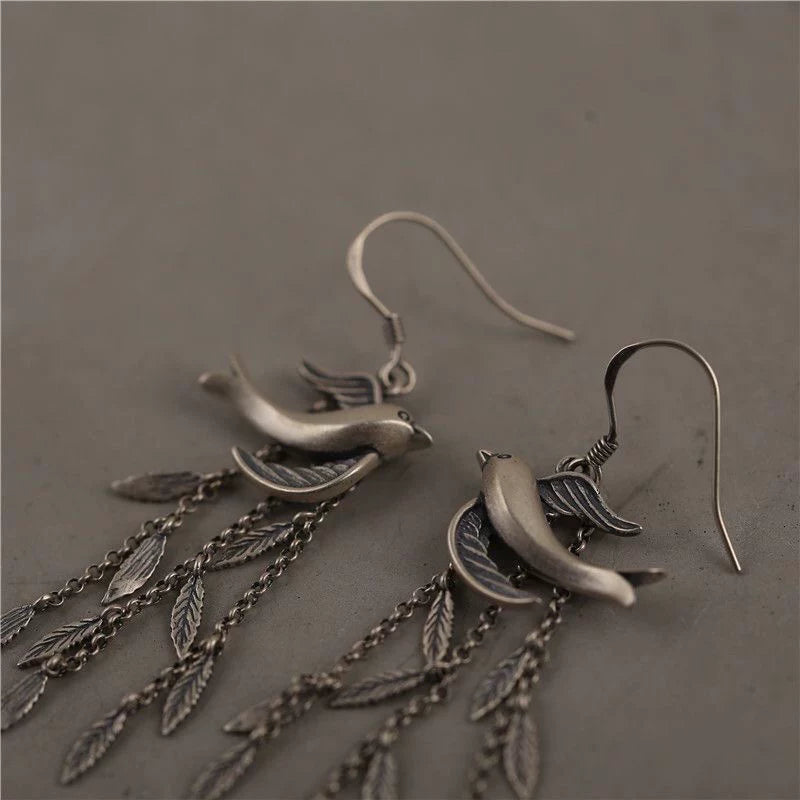 S925 Sterling Silver Swallow Leaf Tassel Earrings – New Chinese Style Vintage Dangle Earrings