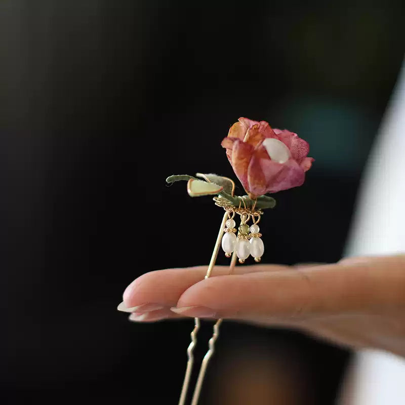 Handmade Silk Flower Pearl Tassel Chinese Hairpin - Traditional Hanfu Hair Accessory
