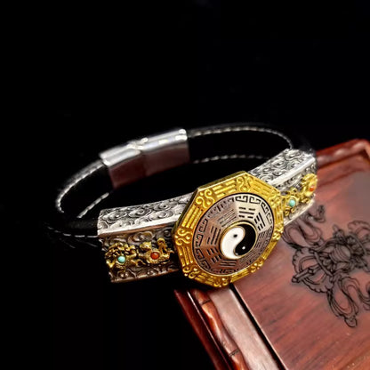S925 Silber Yin Yang Bagua Lederarmband – Rotierendes taoistisches Amulett mit Türkis & Rotem Achat | Feng Shui Schmuck für Herren