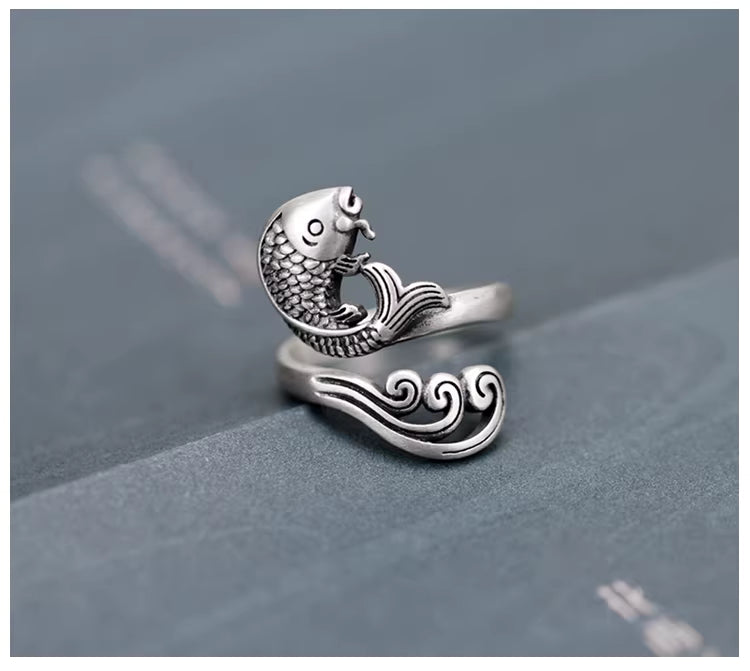 Sterling Silver Koi Fish Ring for Women – Adjustable Open Band “Fish in Water” Ring, Symbol of Prosperity