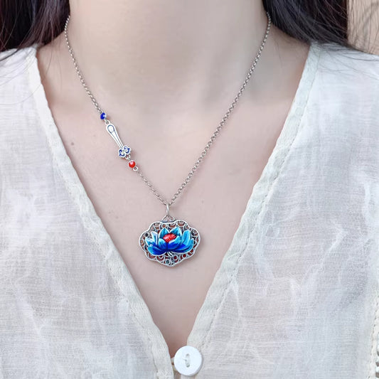 Enamel Lotus Ruyi Lock Pendant