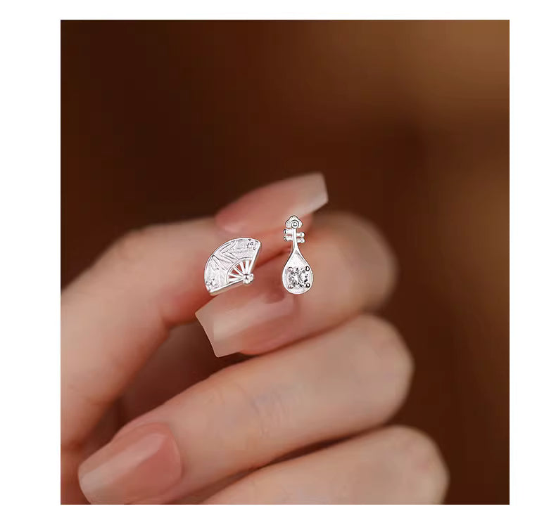 S925 Sterling Silver Asymmetric Fan & Pipa Stud Earrings for Women – Retro Chinese Style Jewelry