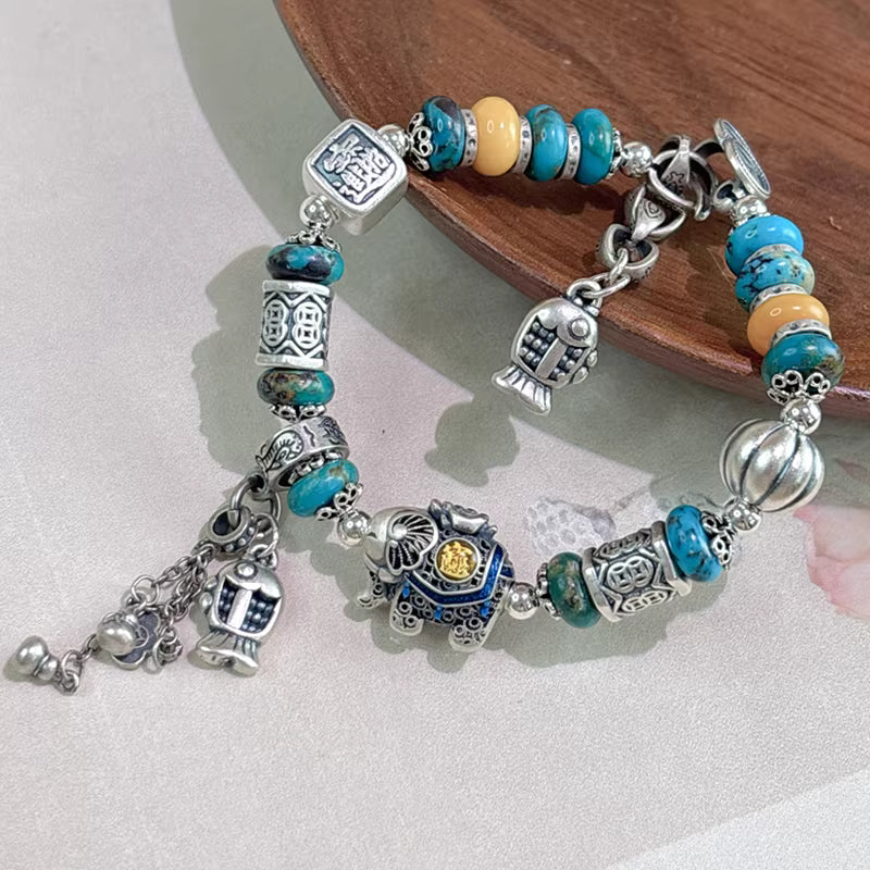 Chinese Turquoise & Beeswax Tassel Bracelet – Handmade Feng Shui Jewelry for Protection, Balance & Good Fortune