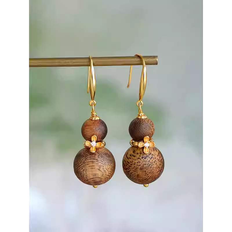 Natural Qi Nan Agarwood Small Gourd Earrings for Women – Alloy Hook, New Chinese Wooden Earrings