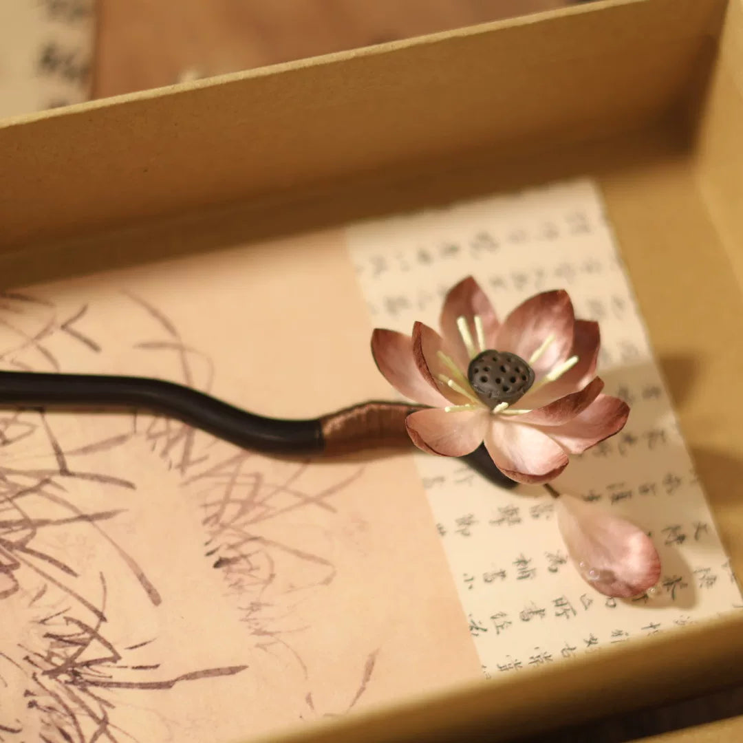 Elegant long hairpin crafted with silk thread, copper wire, and natural sandalwood for traditional bun styling and modern aesthetic fashion