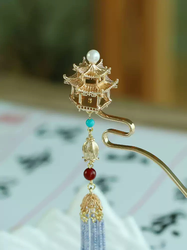 Tassel Hairpin Stick | Gold-Plated Copper Chinese Hair Accessory with Turquoise, Agate & Pearl