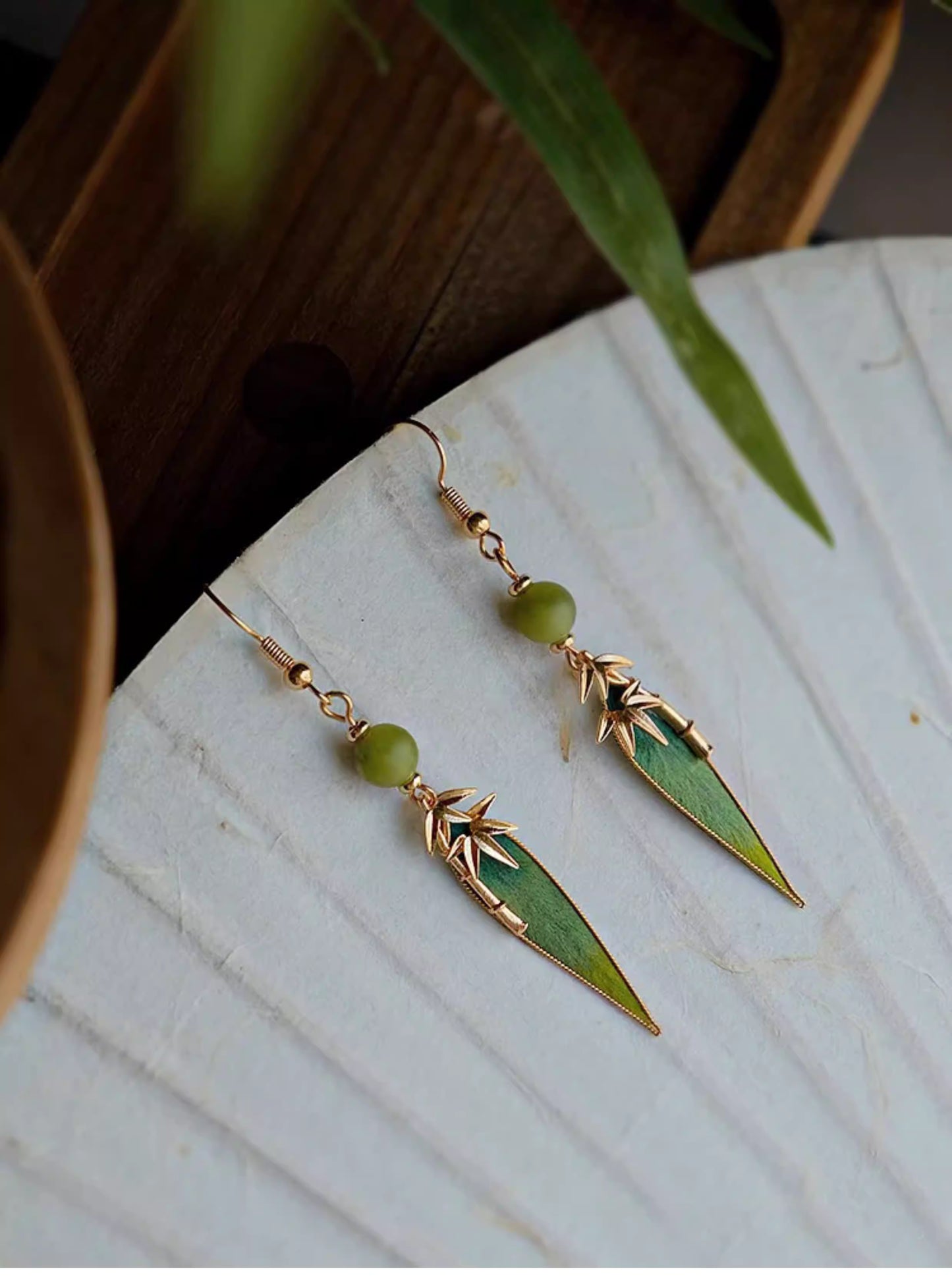 Handmade Intangible Heritage Cloisonné Velvet Bamboo Leaf Earrings with S925 Silver Hooks – New Chinese Style for Women