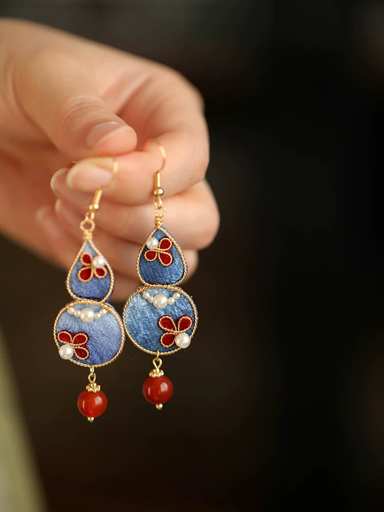 Elegant pearl embedded fabric gourd earrings retro Chinese aesthetic long drop earrings