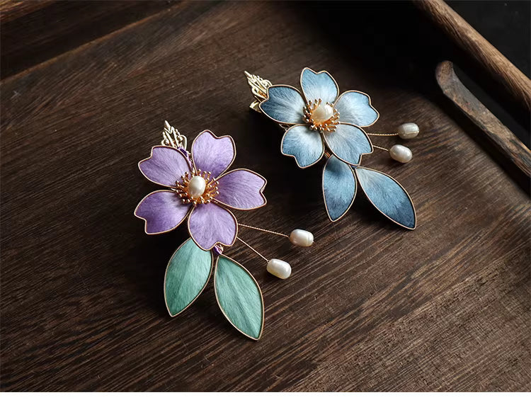 Handcrafted Blue & Purple Velvet Flower Side Hairpin | Chinese Hanfu & Qipao Hair Accessory, Alloy & Cloisonné Silk