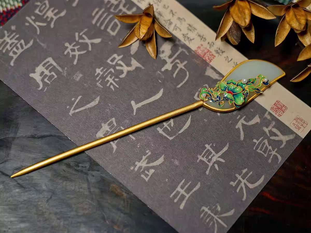 S925 Gold-Plated Silver Hairpin with Hetian Jade & Enamel Willow Leaf – Hanfu & Chinese Palace Style Accessory,