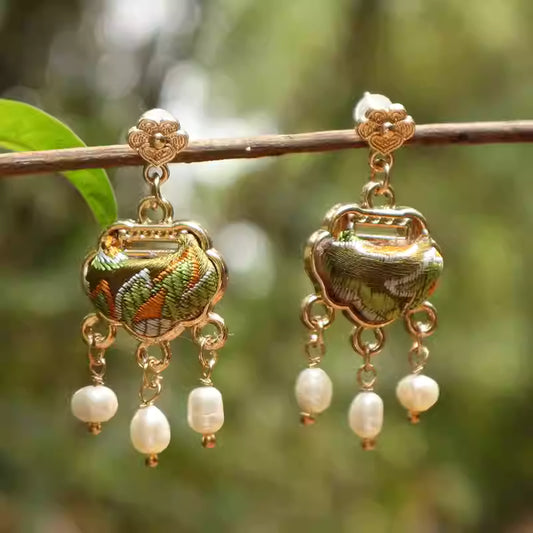 Song Brocade Ruyi Lock Pearl Earrings – Chinese Intangible Heritage Hanfu &Qipao Style Jewelry