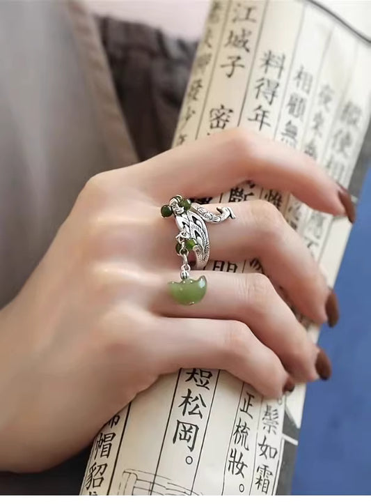 925 Silver Jade Peacock Tassel Ring – Vintage Chinese Style Ethnic Ring for Women