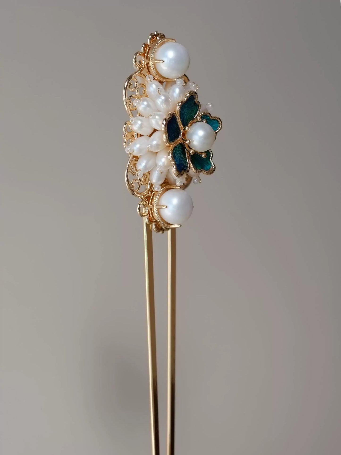 Luxury Pearl Dian Cui Style Hairpin – New Chinese Style Peacock Feather Hair Fork