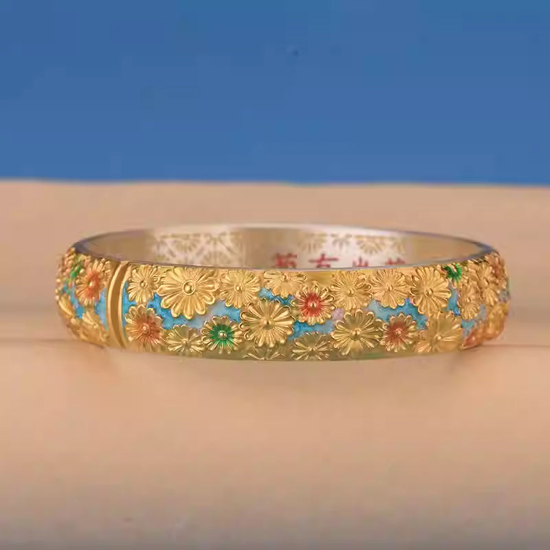 999 Pure Silver Enamel Daisy Bangle – Gold-Outlined Floral Cuff Bracelet for Women | Traditional Chinese Handcrafted Jewelry