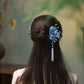 Blue Silk Velvet Peony Tassel Hairpin – Traditional Chinese Non-Heritage Cloisonné & Silk Flower Hair Accessory