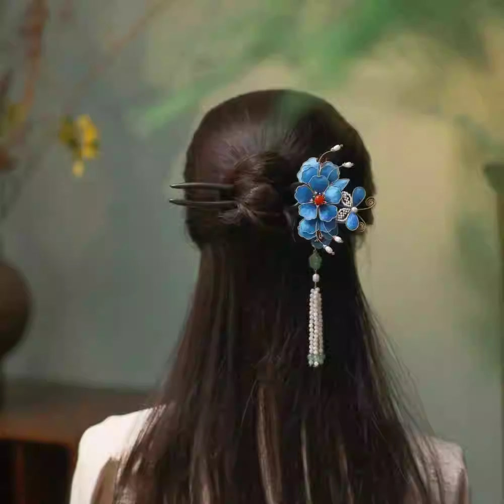 Blue Silk Velvet Peony Tassel Hairpin – Traditional Chinese Non-Heritage Cloisonné & Silk Flower Hair Accessory