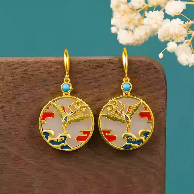 Hetian Jade Crane Earrings with Enamel Inlay – Chinese Style Hanfu Accessory, Elegant Gift for Women