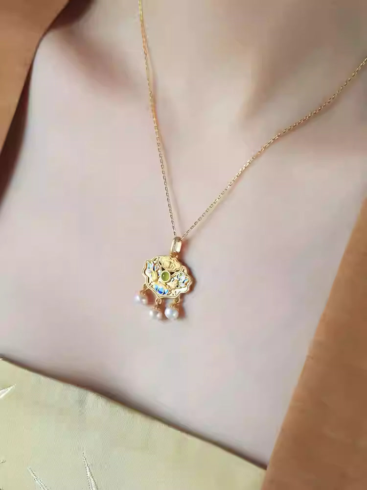 Hetian Jade Koi Fish Peace Lock Pendant Necklace – 925 Sterling Silver Gold Vermeil, Chinese Lucky Amulet with Pearl for Women