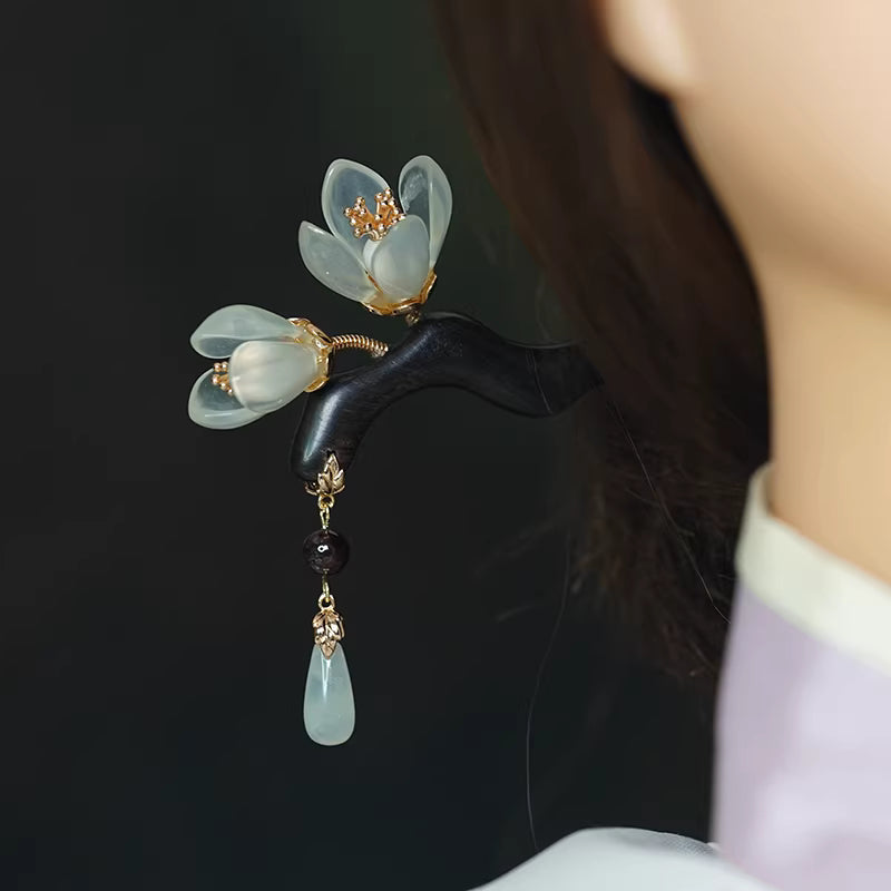Ancient Chinese Style Xiuyu Magnolia Hairpin – Ebony Wood with Garnet Beads and Xiuyu Pendant