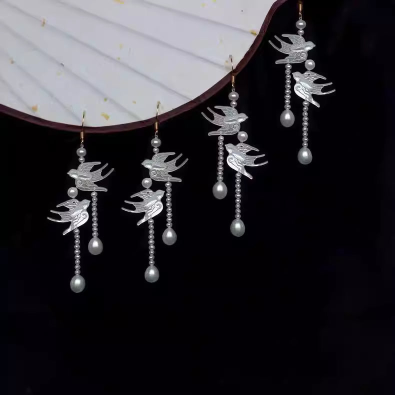 "Spring Letter" New Chinese Style Swallow Tassel Earrings – Faux Pearl & Shell Bead Drop Earrings for Women
