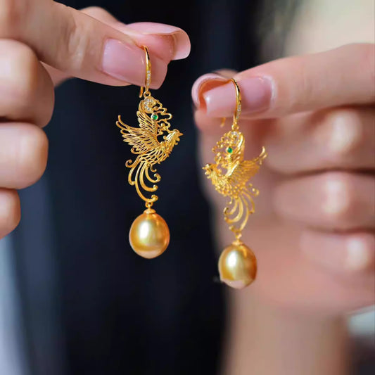 "Phoenix in Flight" New Chinese Style Gold Pearl Earrings – Luxury Zircon Drop Earrings for Women