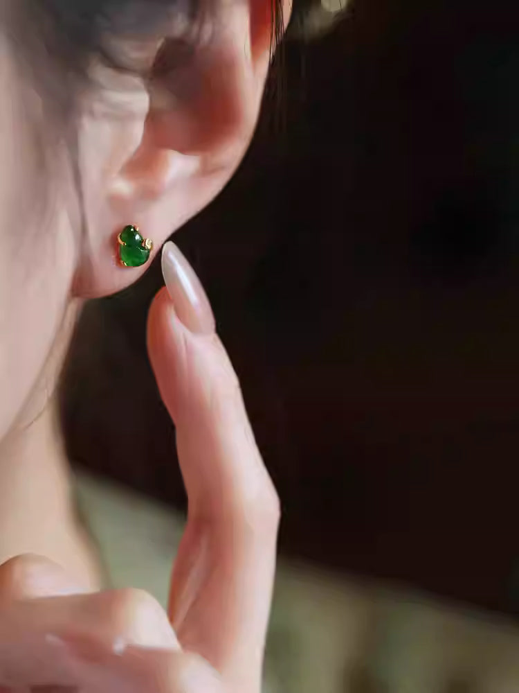 S925 Gold-Plated Silver Jade Gourd Stud Earrings – Natural Green Jade Ear Jewelry for Women, Chinese New Year Gift
