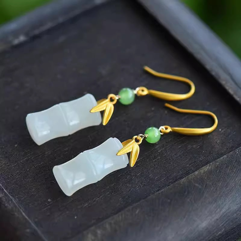 Mutton Fat White Hetian Jade Bamboo Segment S925 Gold Vermeil Silver Earrings for Women