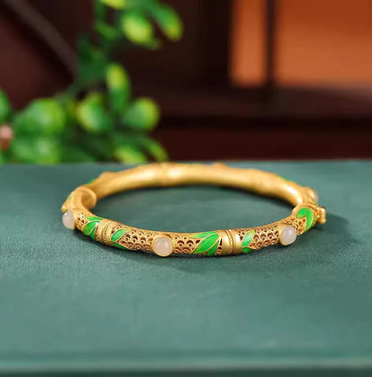 Vintage Goldarmreif mit Bambusmuster – Dickes, offenes Armband aus 925er Silber, vergoldet, für Damen
