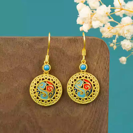 Chinese Palace Filigree Enamel Earrings – Hollow Round Gold Earrings for Women | Vintage Oriental High-End Jewelry