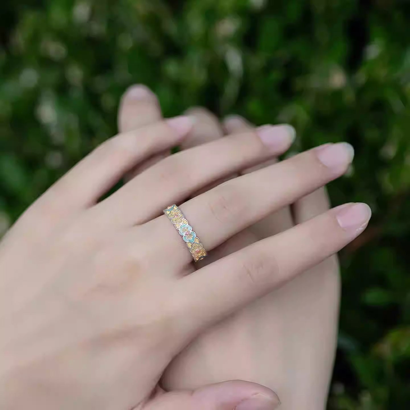 999 Fine Silver Ruyi Cloud & Butterfly Enamel Ring – New Chinese Style Adjustable Silver Ring with Gold Detailing