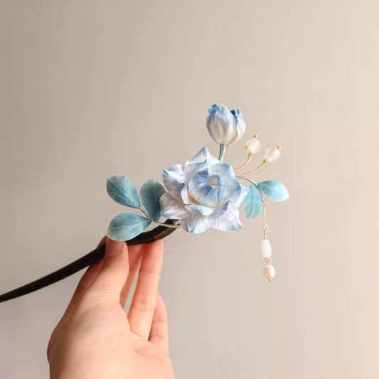 Velvet Ice Blue Rose Hairpin | Handmade Sandalwood Chinese Hair Accessory for Elegant Style