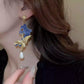 Chinese Cloisonné Crane Pearl Clip-On Earrings for Women – New Chinese Style Imperial Gold & Blue Qipao Accessory