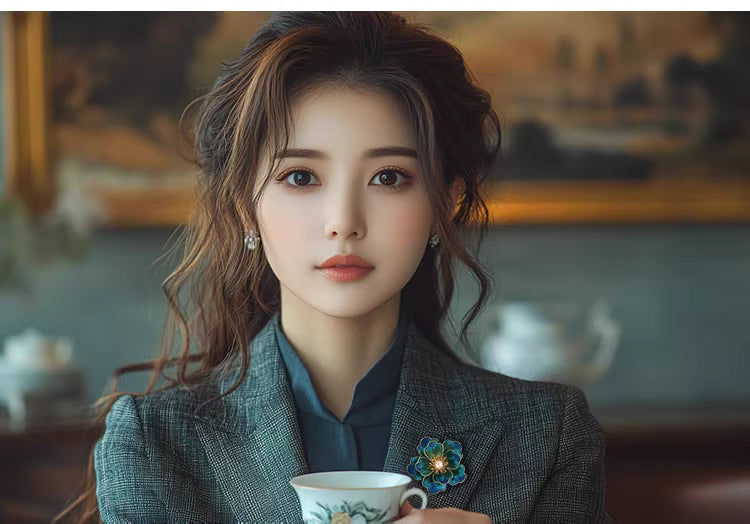 Handmade Peacock Blue Velvet Flower Pearl Brooch – Chinese Heritage Silk Floral Pin for Elegant Women