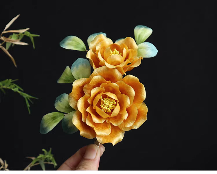 Handmade Yellow Velvet Peony Hair Clip – Traditional Chinese Guofeng Hairpin for Hanfu & Qipao