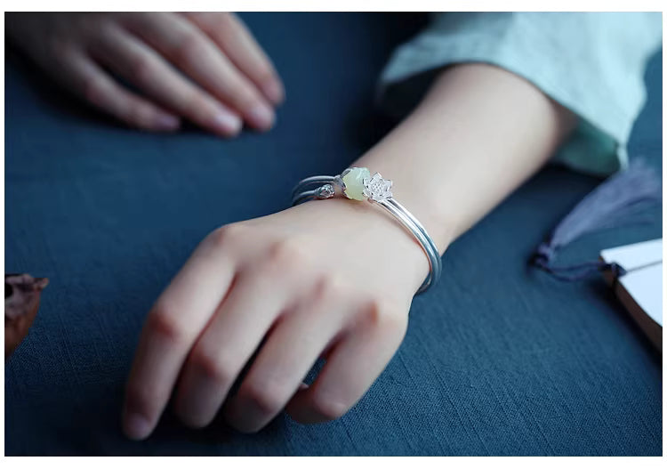 925 Silver Hetian Jade Lotus Seedpod Adjustable Bangle – Chinese Style Hanfu Qipao Bracelet