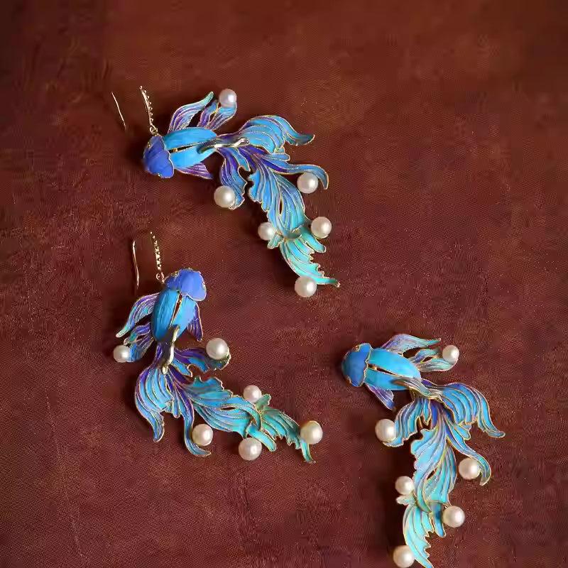 New Chinese Style Blue Enamel Koi Pearl Earrings – Vintage Guochao Hanfu Jewelry