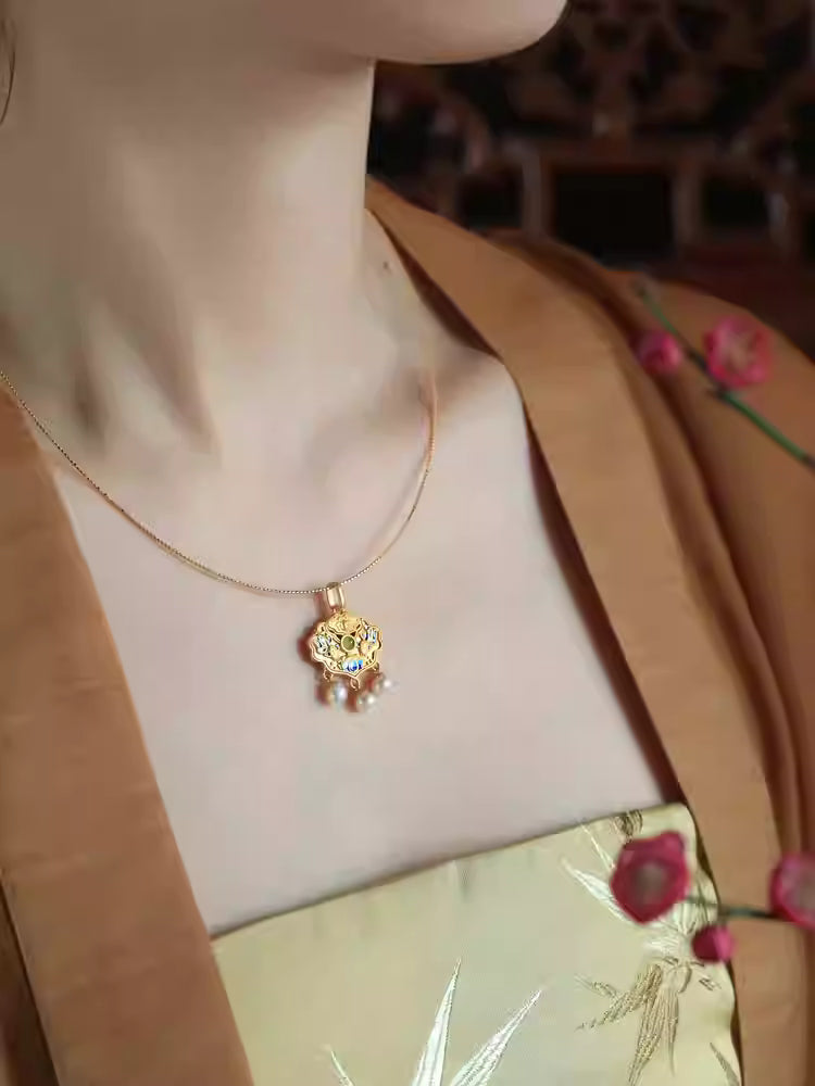 Hetian Jade Koi Fish Peace Lock Pendant Necklace – 925 Sterling Silver Gold Vermeil, Chinese Lucky Amulet with Pearl for Women