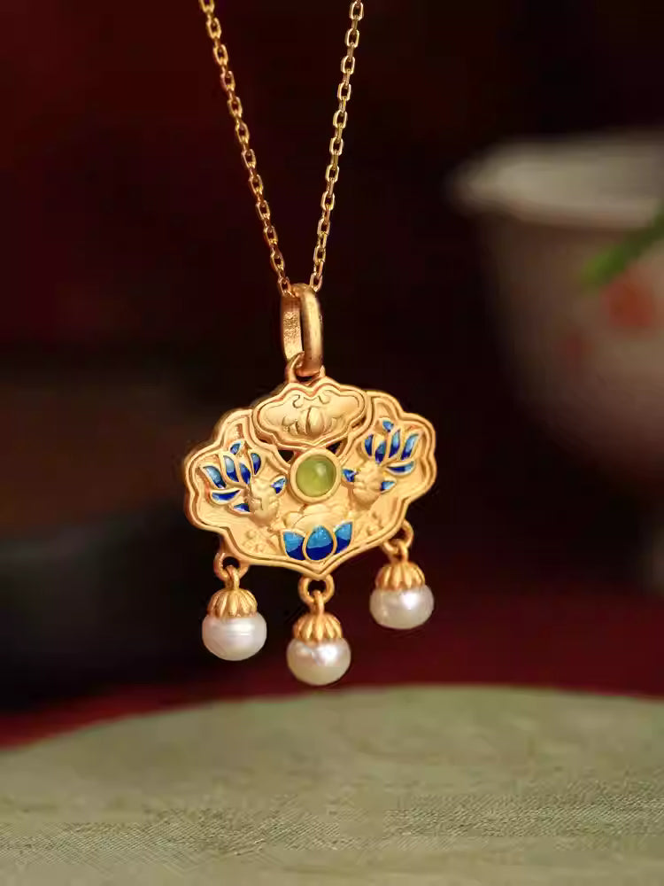 Hetian Jade Koi Fish Peace Lock Pendant Necklace – 925 Sterling Silver Gold Vermeil, Chinese Lucky Amulet with Pearl for Women