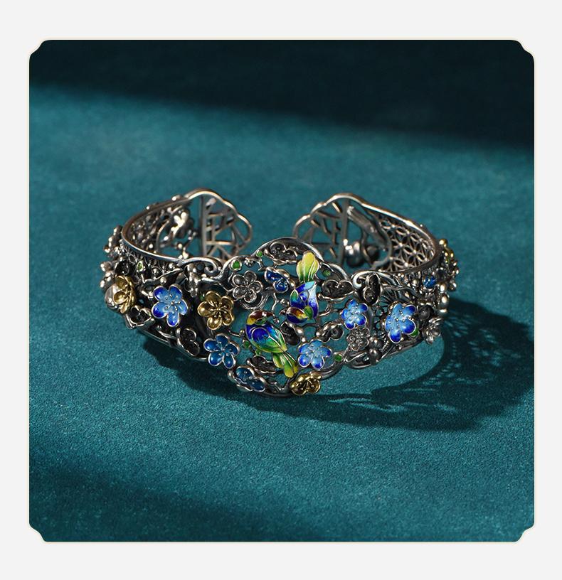 Blossom & Perching Bird Enamel Jewelry Set – 925 Sterling Silver Earrings, Bracelet & Necklace | Chinese Artistic Design
